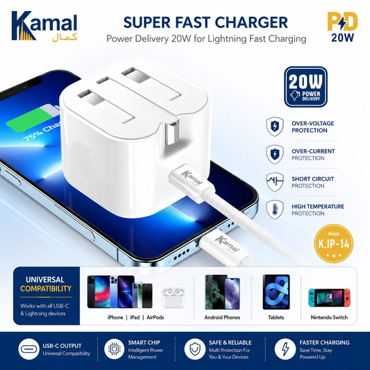 Kamal 20W PD Super Fast Charger with USB-C to Lightning Cable | Model K.IP-14 | UK Plug | Battery Health Warranty