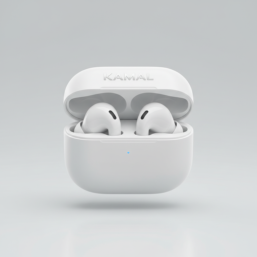White wireless earbuds with KAMAL branding